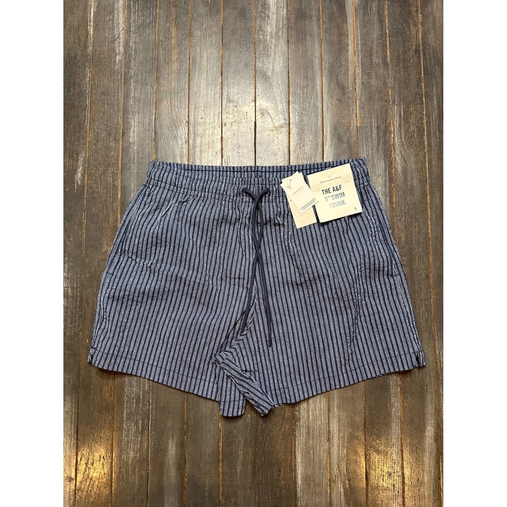 Abercrombie & Fitch Mens 5 Inch Swim Trunks Navy White Striped Shorts